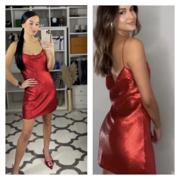ZARA Red Sequin Mini Slip Dress Small Blogger Favorite Valentine's Day NWT - Picture 3 of 7